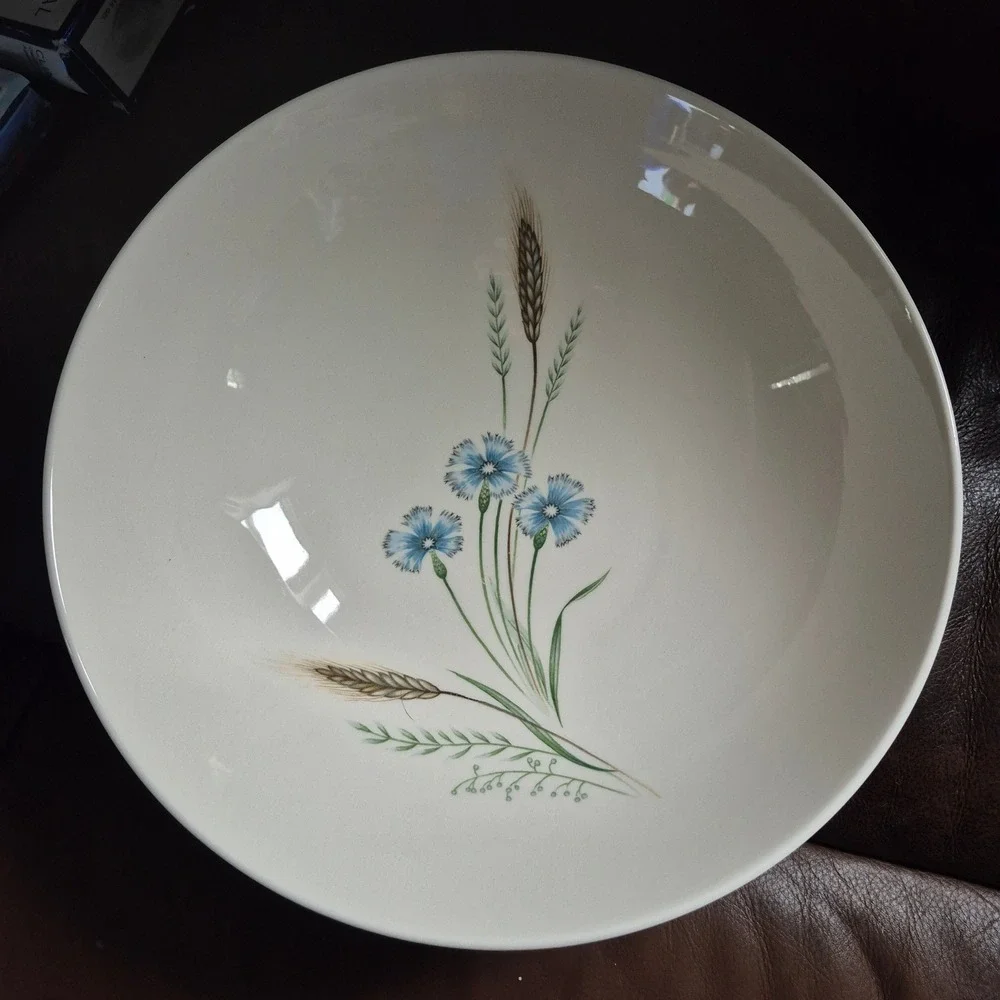 Vintage Prairie Flower Japan Ceramic Serving Bowl Blue Cornflower Wheat White